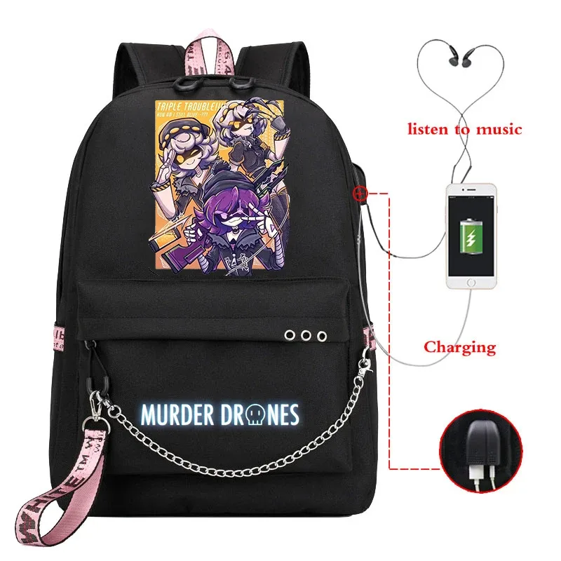sac dos toile dessin animé personnages colorés logo murder drones chaîne métallique câble usb voyage capacité 20 35 litres