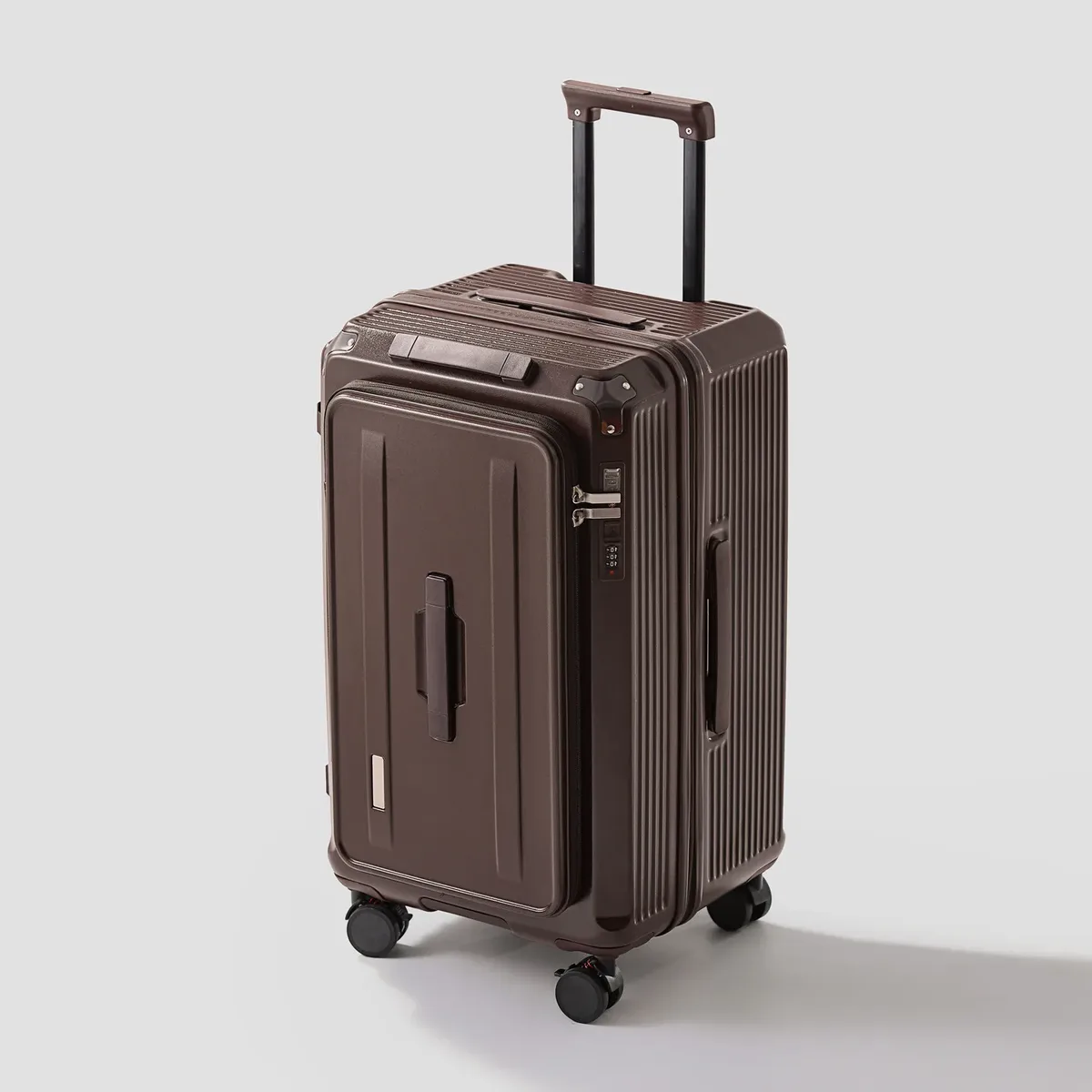 valise pc gris compartiments glissières ceinture poignée latérale verrouillage code roue frein expansion latère ajustable voyage