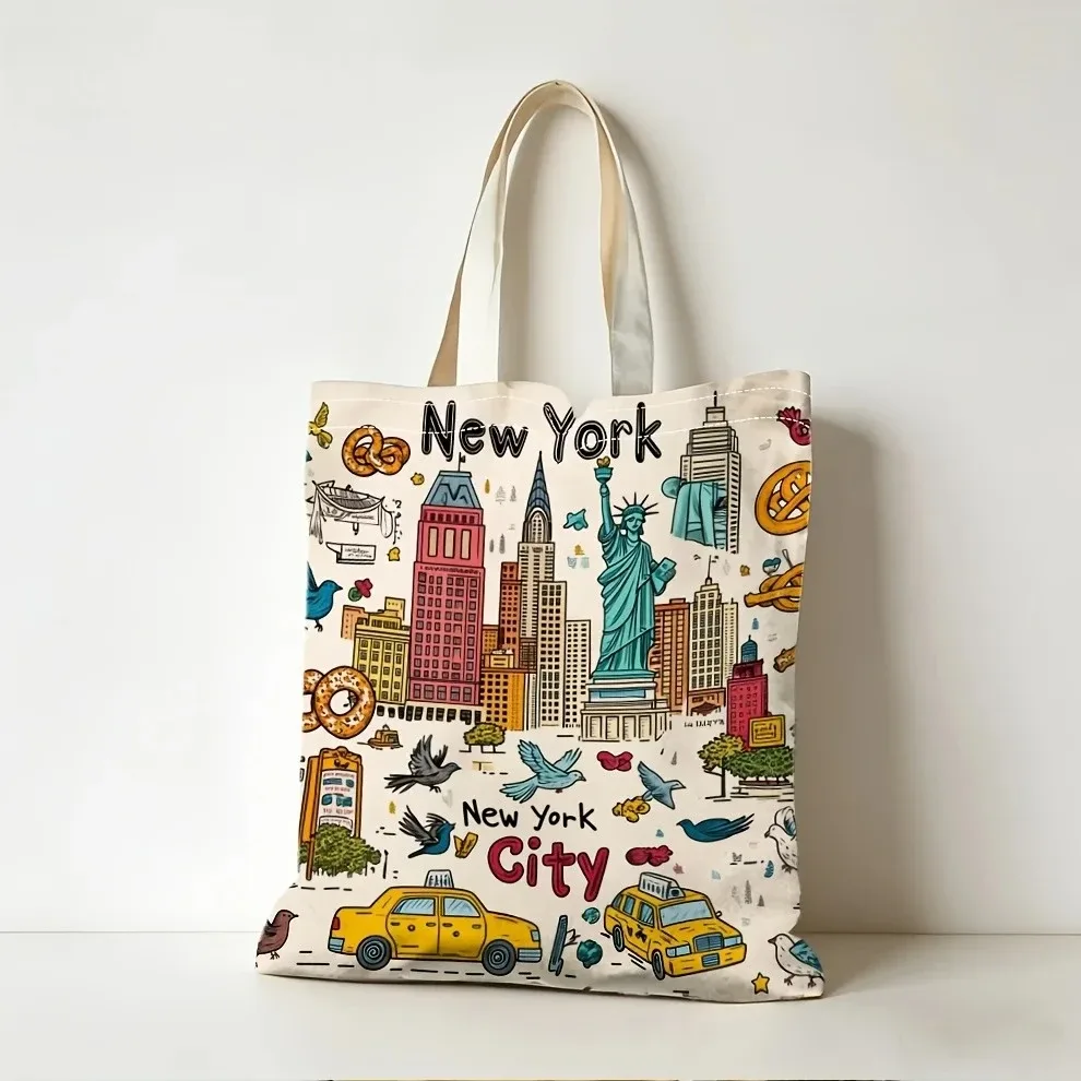 sac fourre-tout en toile de la ville de new york, imprimé avec l'icône de la ville de new york, sac de courses réutilisable pour les voyages, souvenirs et cadeaux