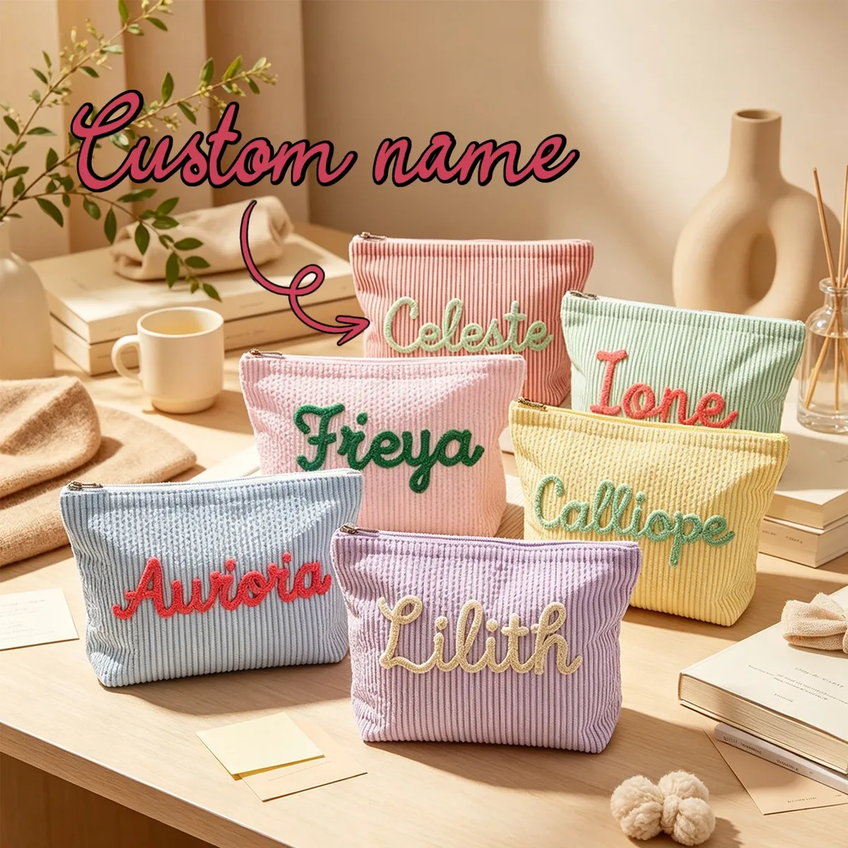 pochette à maquillage personnalisée en seersucker, pochette cosmétique en chenille avec nom, trousse de toilette de voyage, cadeau pour elle