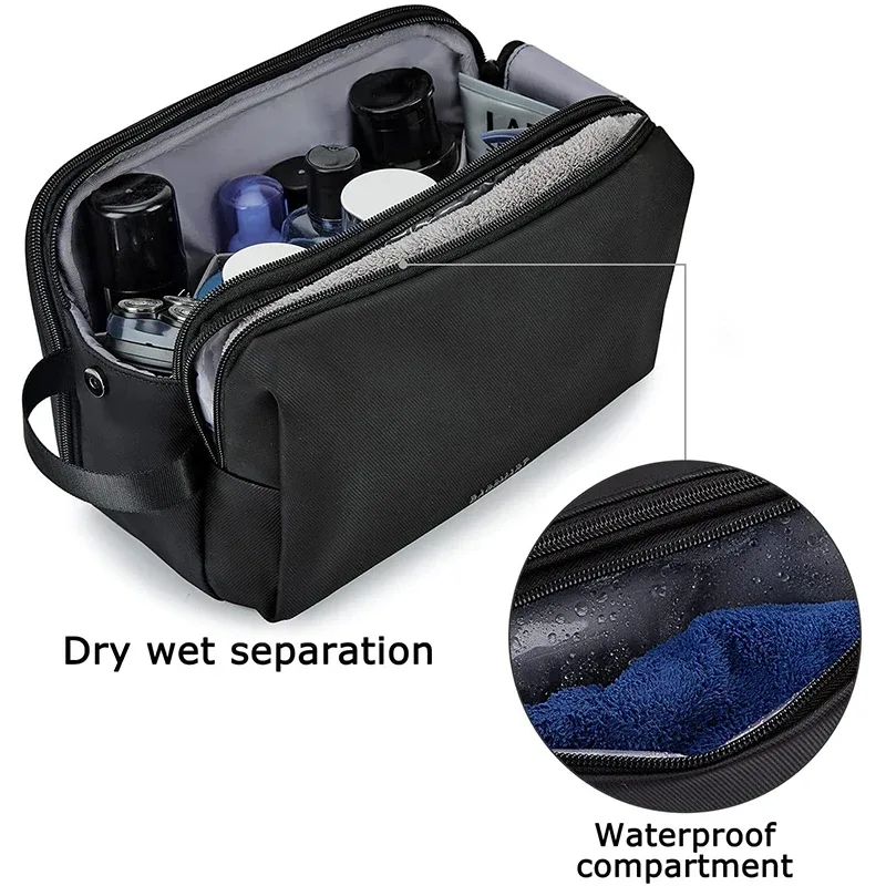 trousse polyester noire organisée voyage cosmétique rasoir maquillage humidifiant sècheporte ordonnancement bouteille pliante extensible