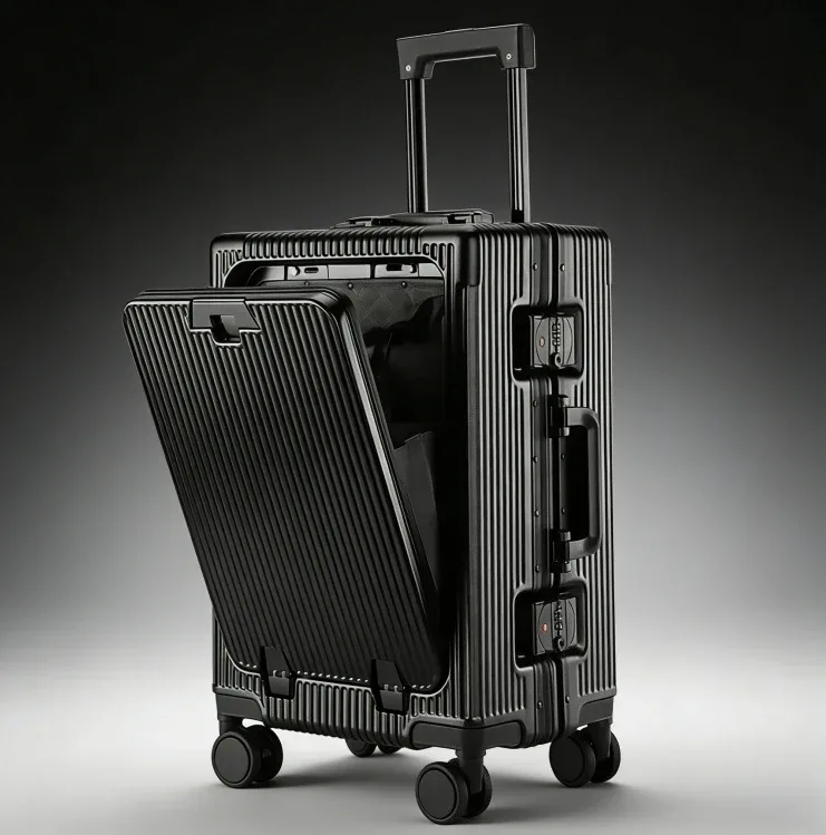 valise à roulettes portable en alliage d'aluminium de 20 pouces à ouverture frontale, expédiée depuis l'ue idéal pour les voyages d'affaires.