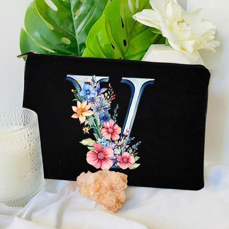 trousse toilette toile noire initiale fleurs maquillage femmes voyage sac cosmétiques intérieur uni poignée glissière