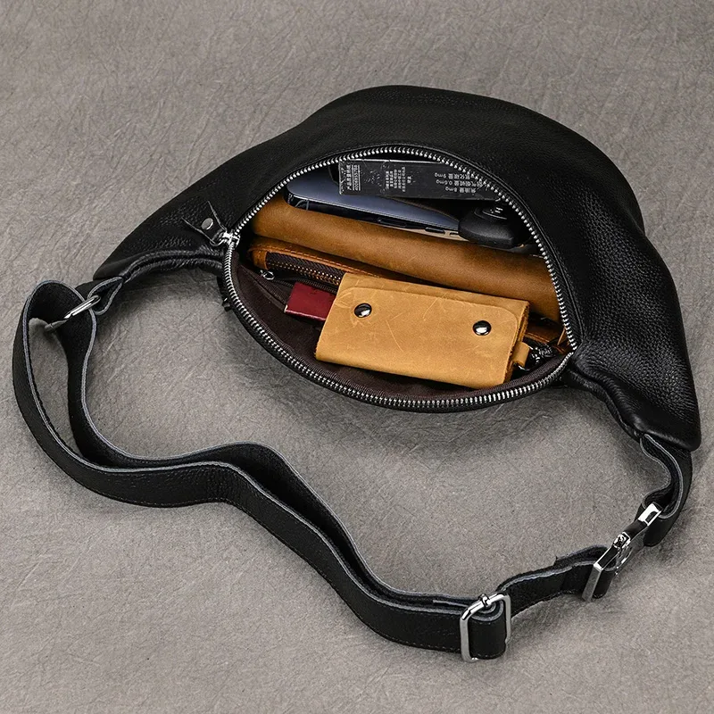 sacs de taille en cuir véritable pour hommes, sac banane, pochette pour téléphone, mini sac de poitrine de voyage, sac à bandoulière, pochette en cuir noir