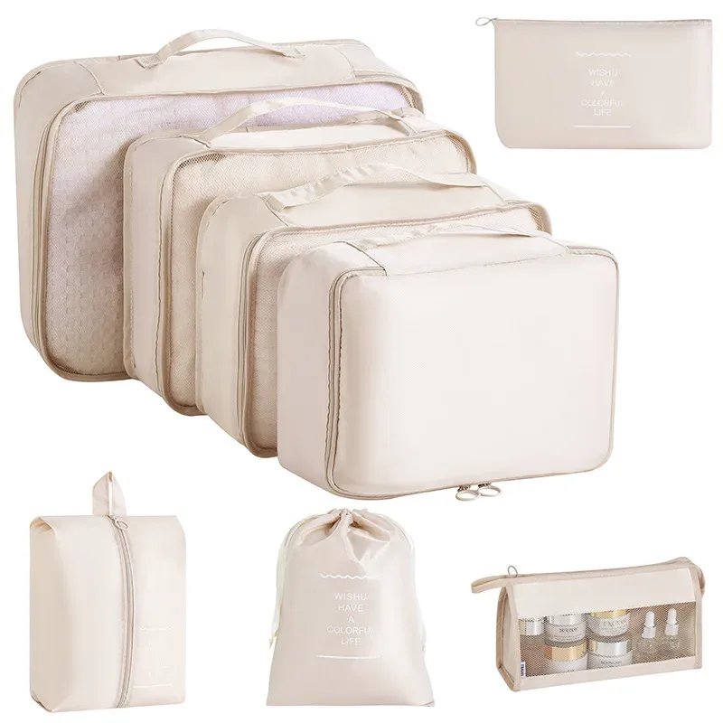 organisateur voyage tissu oxford beige clair grille transparente grande capacité rangement vêtements accessoires transports usage polyvalent domicile travail
