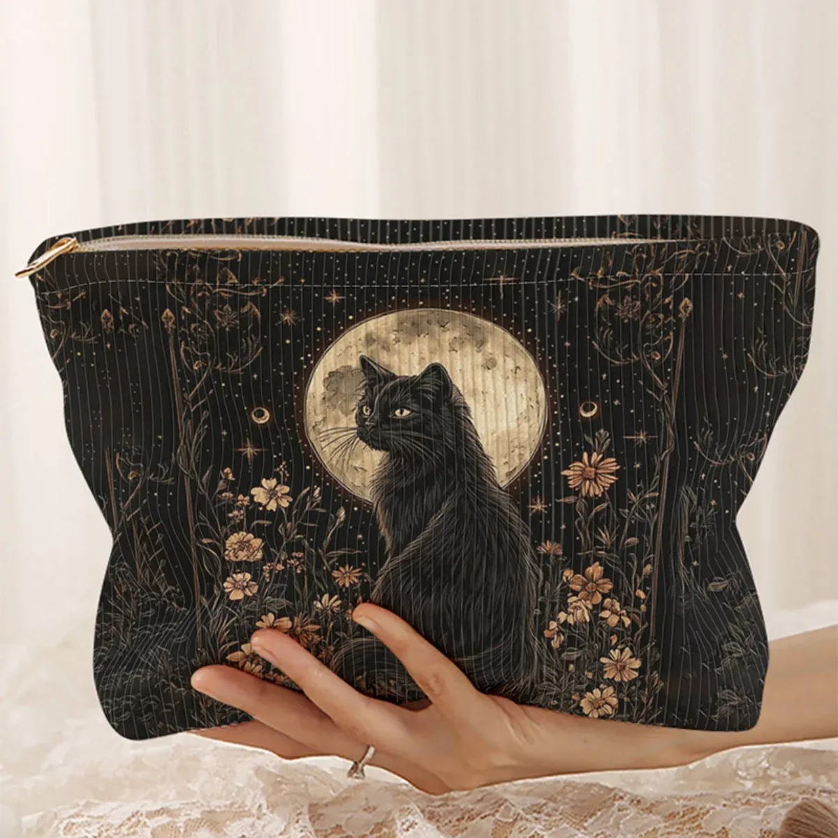 trousse de maquillage en velours côtelé à motif chat, boîte de rangement légère à fermeture éclair, sac multifonctionnel avec doublure, utilisé pour ranger les cosmétiques