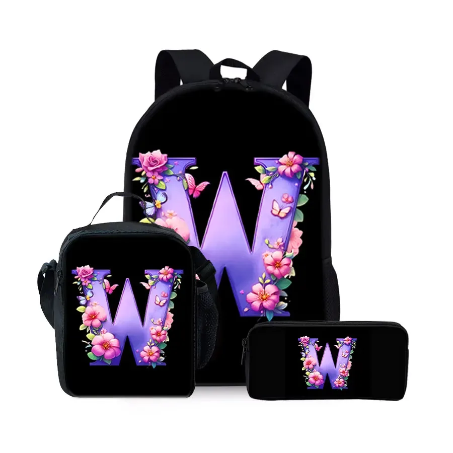 nouvel ensemble de sacs à dos trois pièces à motif alphabet anglais pour garçons et filles – meilleurs cadeaux – sac à dos scolaire plat 2d dessin animé pour enfants