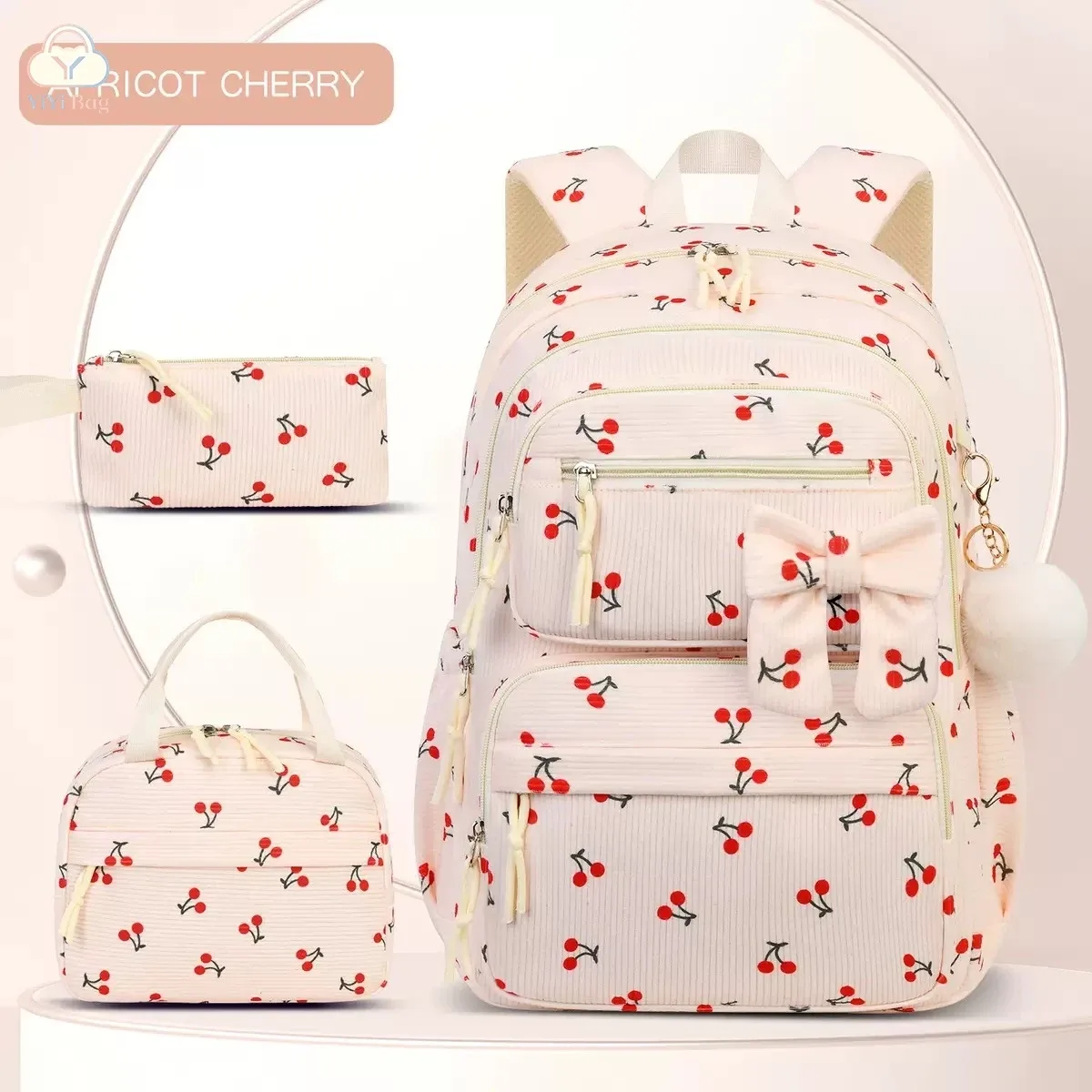 sac à dos d'école à motif cerise daisy, trousse à crayons, sac à main, ensemble de trois pièces, pour garçons, filles, adolescents, tendance, sac à dos de haute qualité