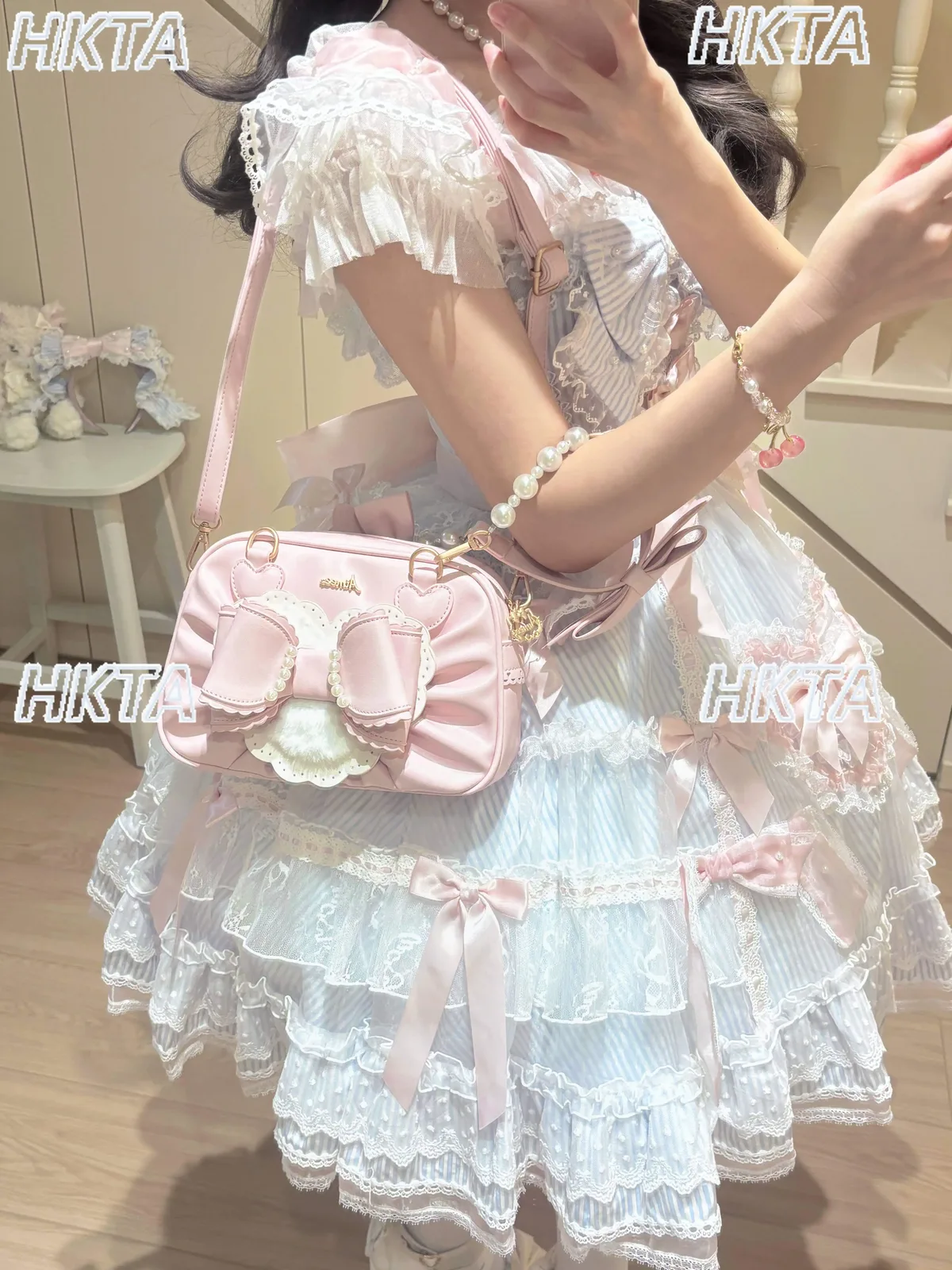 nouvelle mode estivale japonaise : sac à bandoulière oblique lolita vintage, sac à dos mignon en pu avec nœud, perles et motifs d'amour pour femmes