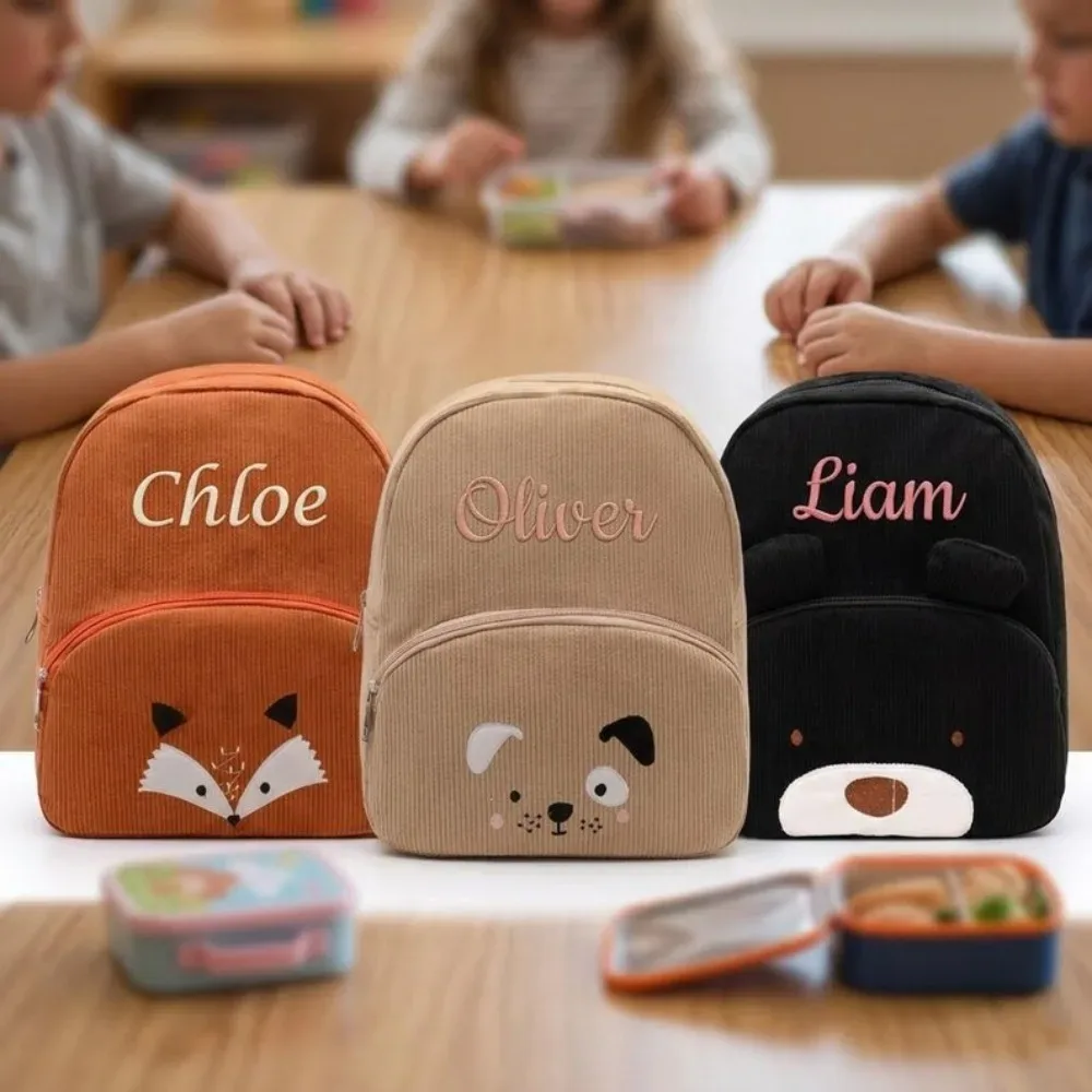 sac à dos personnalisé pour tout-petit avec nom brodé, motif ours de dessin animé, en velours côtelé, grande capacité, sac en peluche