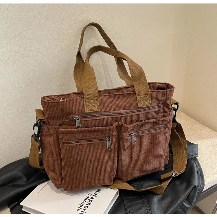 sacs messagers décontractés en velours côtelé, grande capacité, sac à bandoulière portable pour maman, fourre-tout de camping multicouches