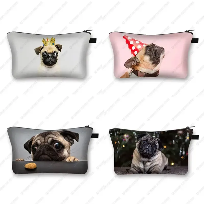 Sacs à cosmétiques imprimés chien carlin 3D, motif pékinois mignon pour trousse de maquillage, organisateur nécessaire pour femmes, Mini sac à main de voyage