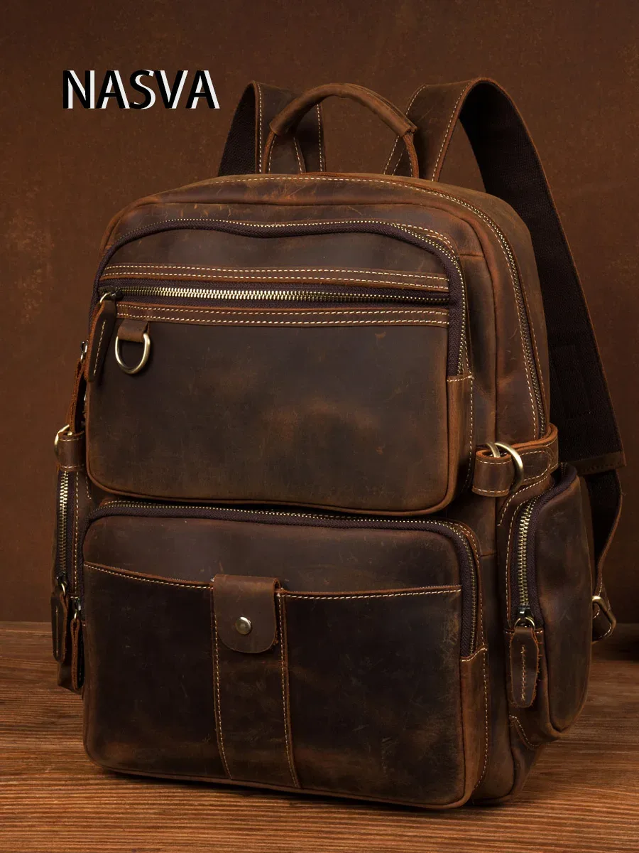 nasva-sac à dos en cuir vintage pour homme, bagage extérieur, cartable décontracté, sac pour ordinateur portable 15.6"