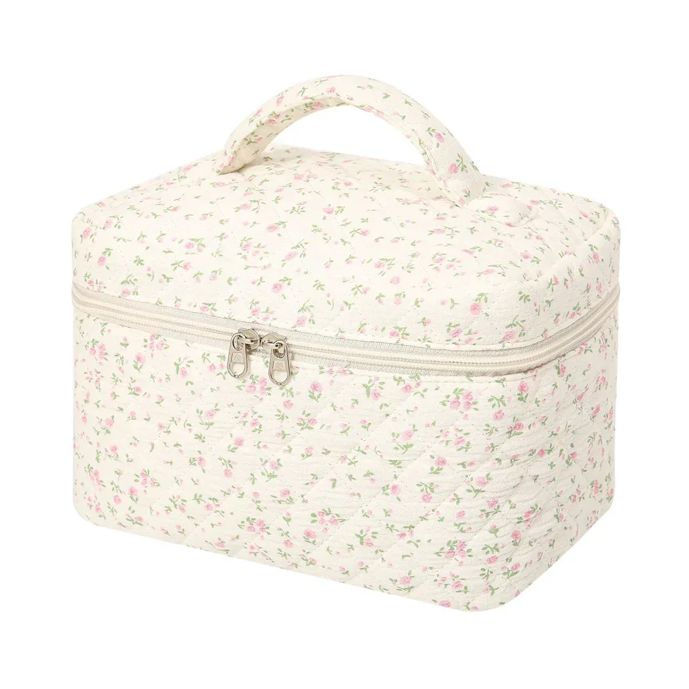 sac de maquillage à main avec nom brodé personnalisé, sac de rangement portable en coton floral de grande capacité, sac à cosmétiques de voyage en plein air