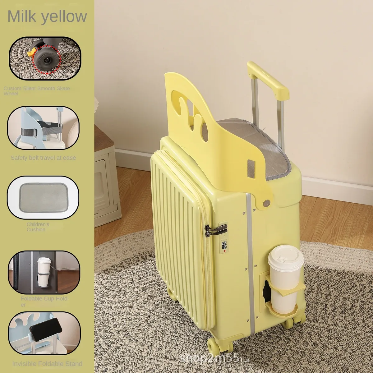 nouvelle valise pour enfants sur laquelle on peut s'asseoir, 20/22/24 pouces, valise à roulettes avec ouverture frontale, robuste et épaissie, avec porte-gobelet.
