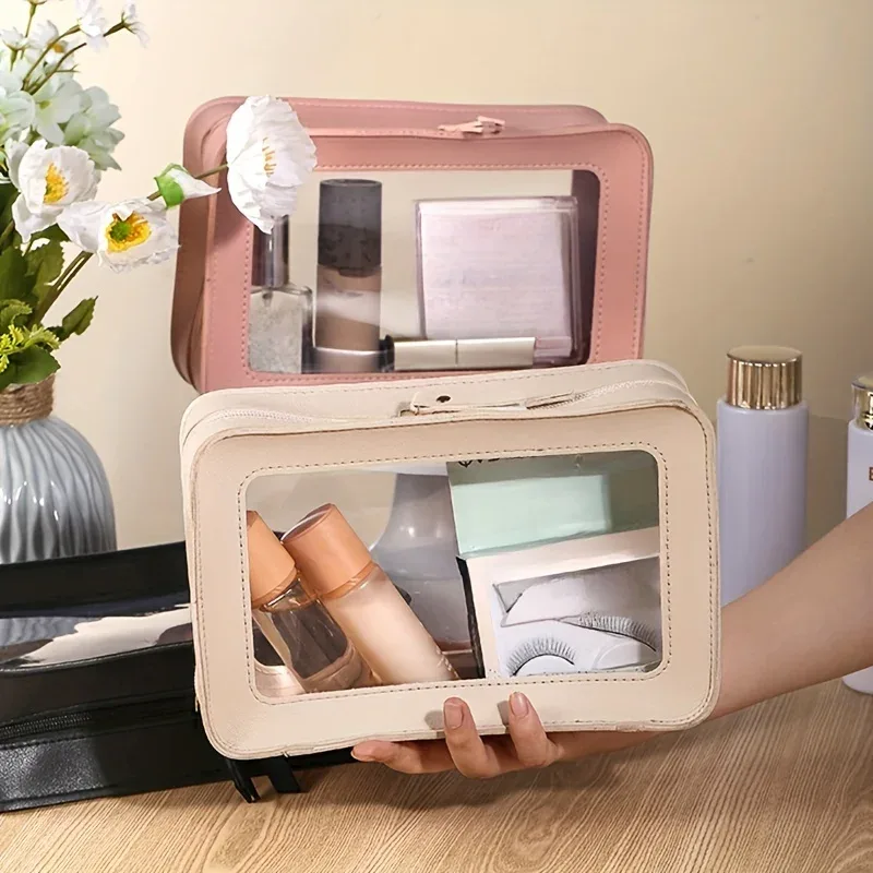 trousse de maquillage de voyage à fermeture éclair, petite trousse de toilette en cuir, sac de rangement multifonctionnel transparent et étanche, accessoires de voyage