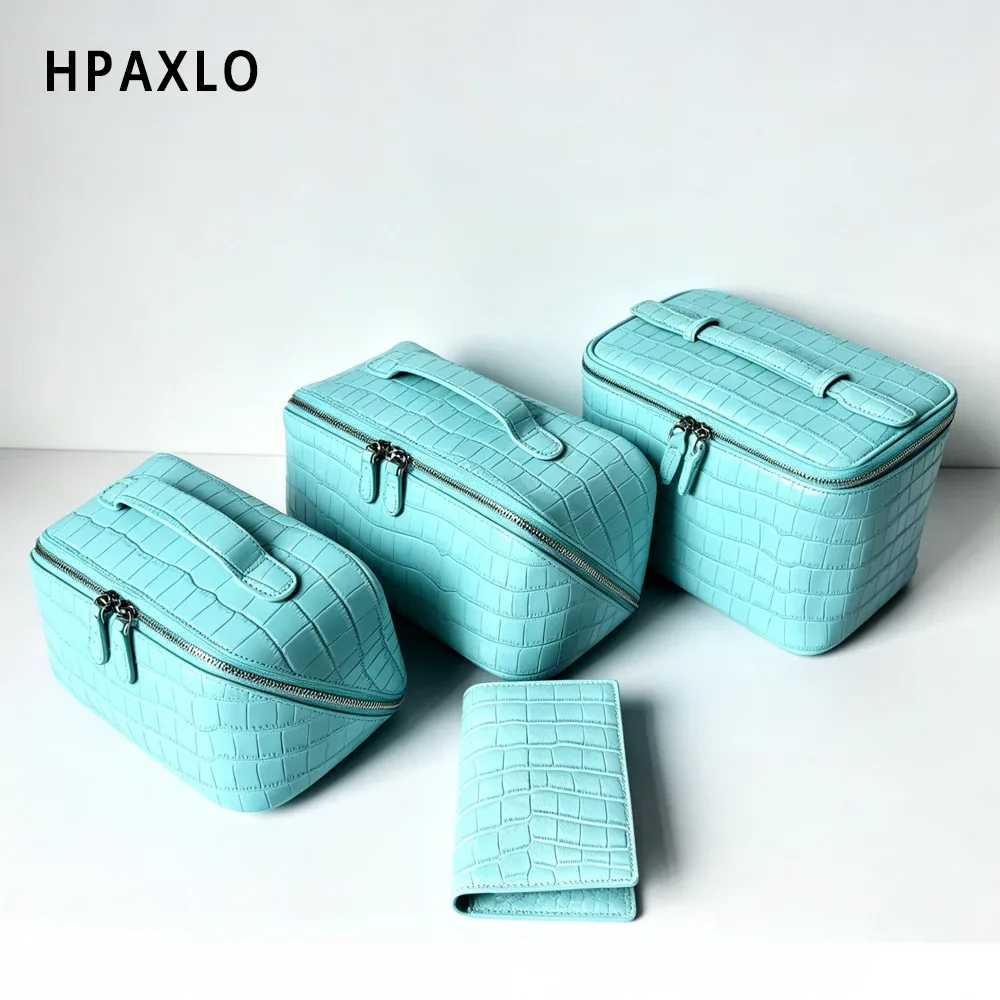trousse de maquillage en cuir pleine fleur imprimé crocodile bleu, sac de toilette, cadeau femme, étui cosmétique, organisateur de maquillage de voyage