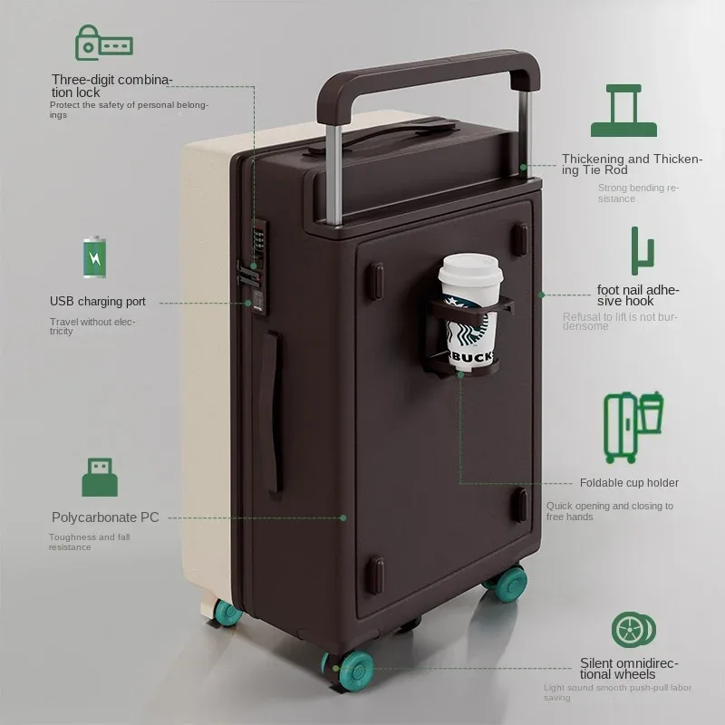 valise multifonctionnelle ko-ku avec porte-gobelet, 20-28 pouces, tige de serrage large, grande capacité, valise de voyage, fermeture éclair anti-explosion
