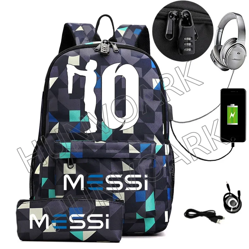 messi-sac à dos étanche avec chargeur usb, sac à dos de voyage décontracté, grande capacité, sacs d'école pour ordinateur portable, hommes et femmes
