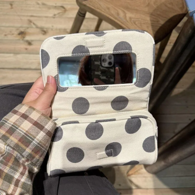 sac de maquillage en toile à pois de style coréen, avec miroir intégré, sac de rangement portable pour voyage quotidien, sac à rabat élégant et raffiné pour le shopping