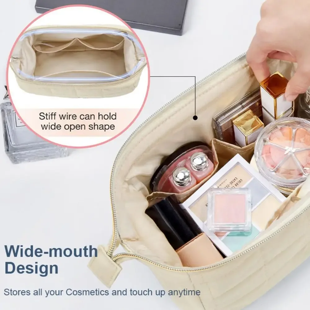 sac à cosmétiques de voyage rembourré bouffant, trousse de maquillage de grande capacité de couleur unie, trousse de maquillage à large ouverture pour femmes, trousse de toilette