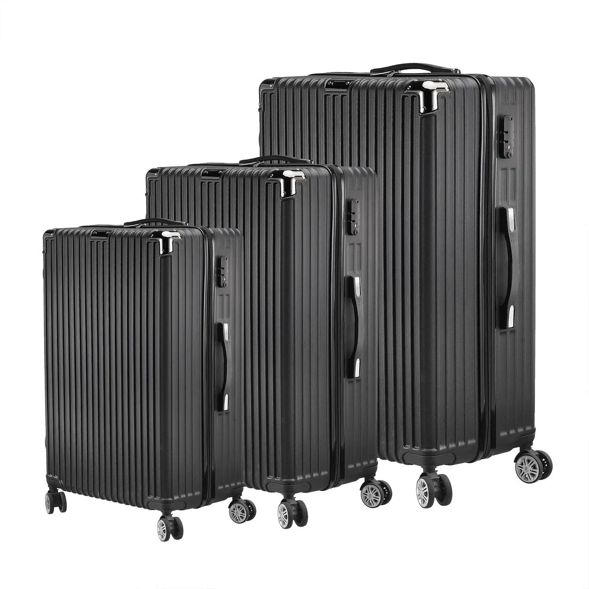 roshanda ensemble de valises 3 pièces 20 "24" 28 "abs coque rigide ensemble de bagages de voyage 4 roues fermeture éclair télescopique tige de traction ensemble m-l-xl, noir