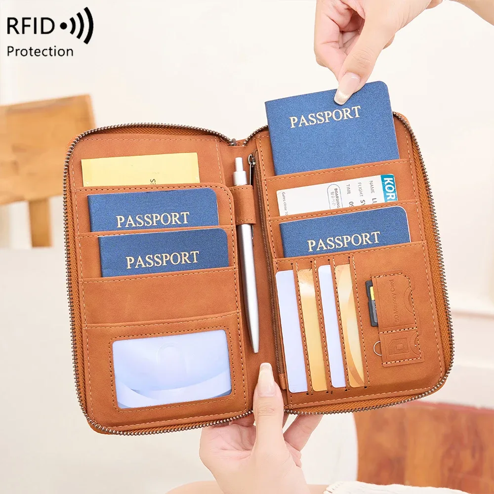 porte-passeport anti-vol rfid, portefeuille de voyage, organisateur de documents en similicuir avec fermeture éclair, couverture de passeport avec sangle de poignet