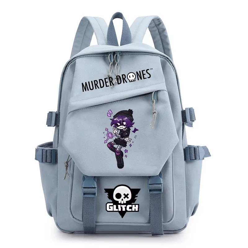 sac dos nylon dessin animé fille guitare murder drones glitch crâne hexagonal gris noir rose vert pastel bandoulière arcuée fermeture éclair usage voyage école