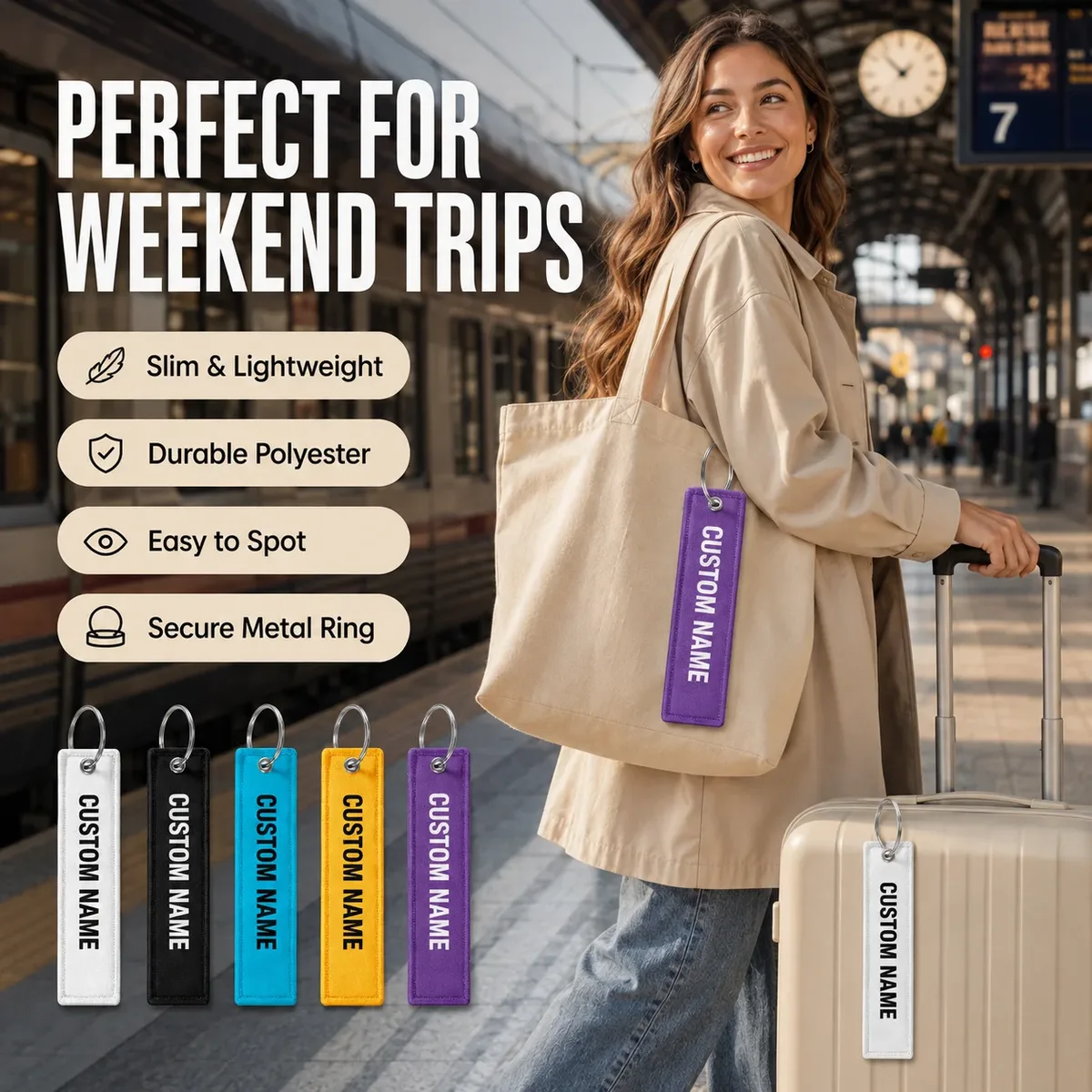étiquette bagage polyester blanc noir cyan jaune violet voyage identification valise sac dos téléphone voiture