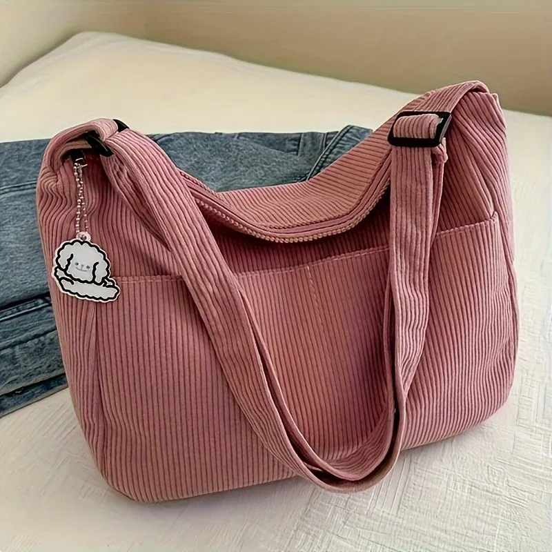 sac à bandoulière en velours côtelé pour femmes, fourre-tout décontracté rayé de grande capacité avec fermeture à glissière, joli patch de chapeau, parfait pour un usage quotidien