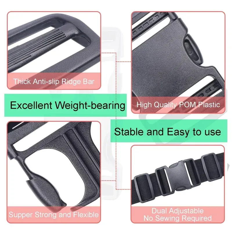 4 ensembles de boucles pour sangles, boucle de dégagement, clip en plastique double réglable, pour bagages, sangle en nylon, sangle pour sac à dos d'extérieur