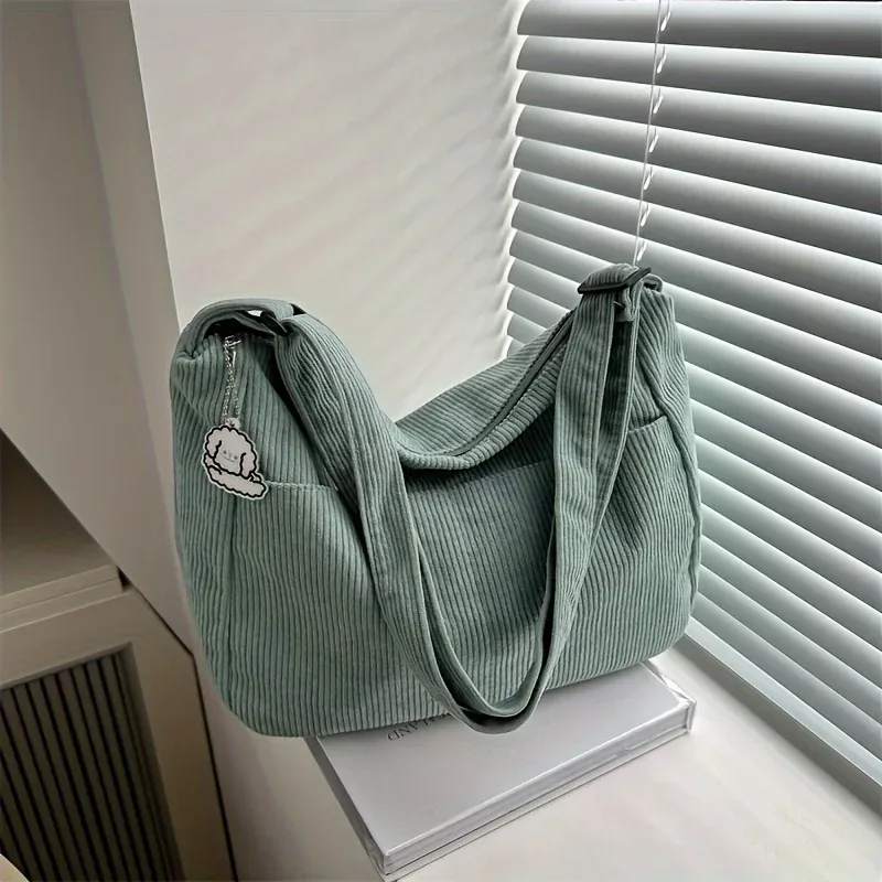 sac à bandoulière en velours côtelé pour femmes, fourre-tout décontracté rayé de grande capacité avec fermeture à glissière, joli patch de chapeau, parfait pour un usage quotidien