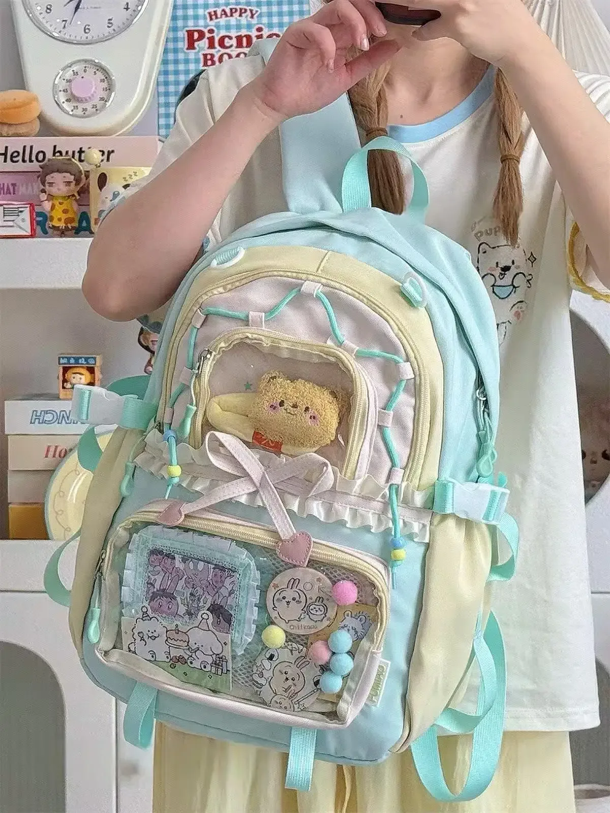 sac à dos ita transparent italife dopamine anmie pour femme, idéal pour la rentrée scolaire, style japonais, avec grandes volants et nœuds pour l'affichage des badges h259