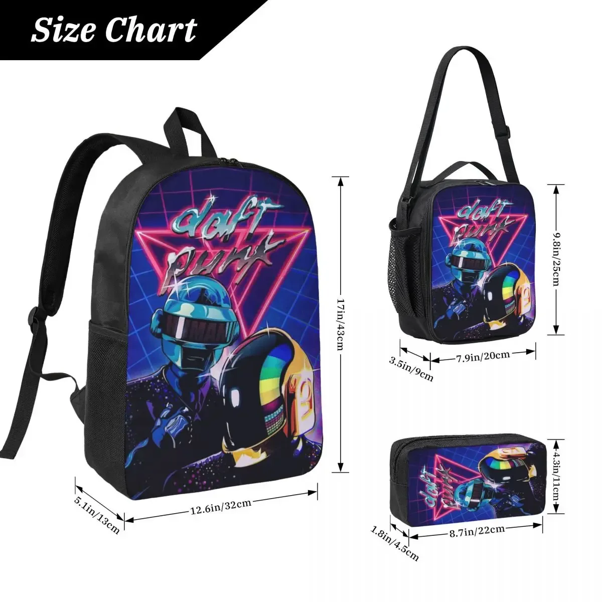 sac dos polyester oxford université motif dessin animé daft punk néon bleu nuit trousse sacs assortis poches latérales fermeture glissière