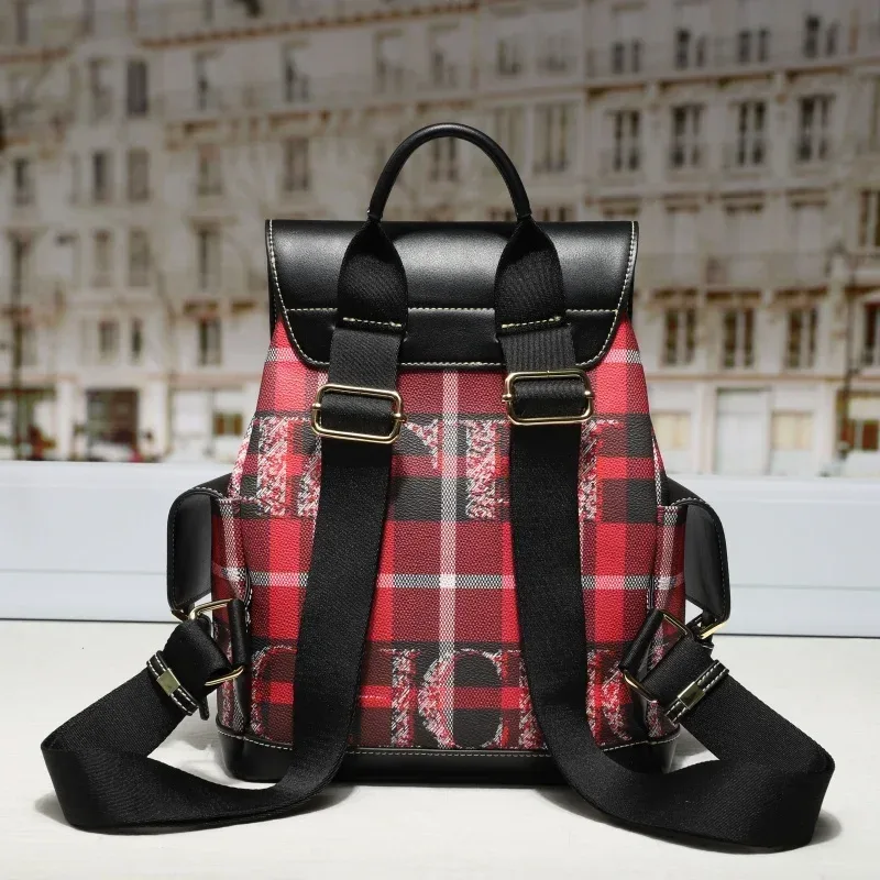 sac dos tissu résistant motif tartan noir rouge blanc bandoulière voyage femmes etudiant ecole