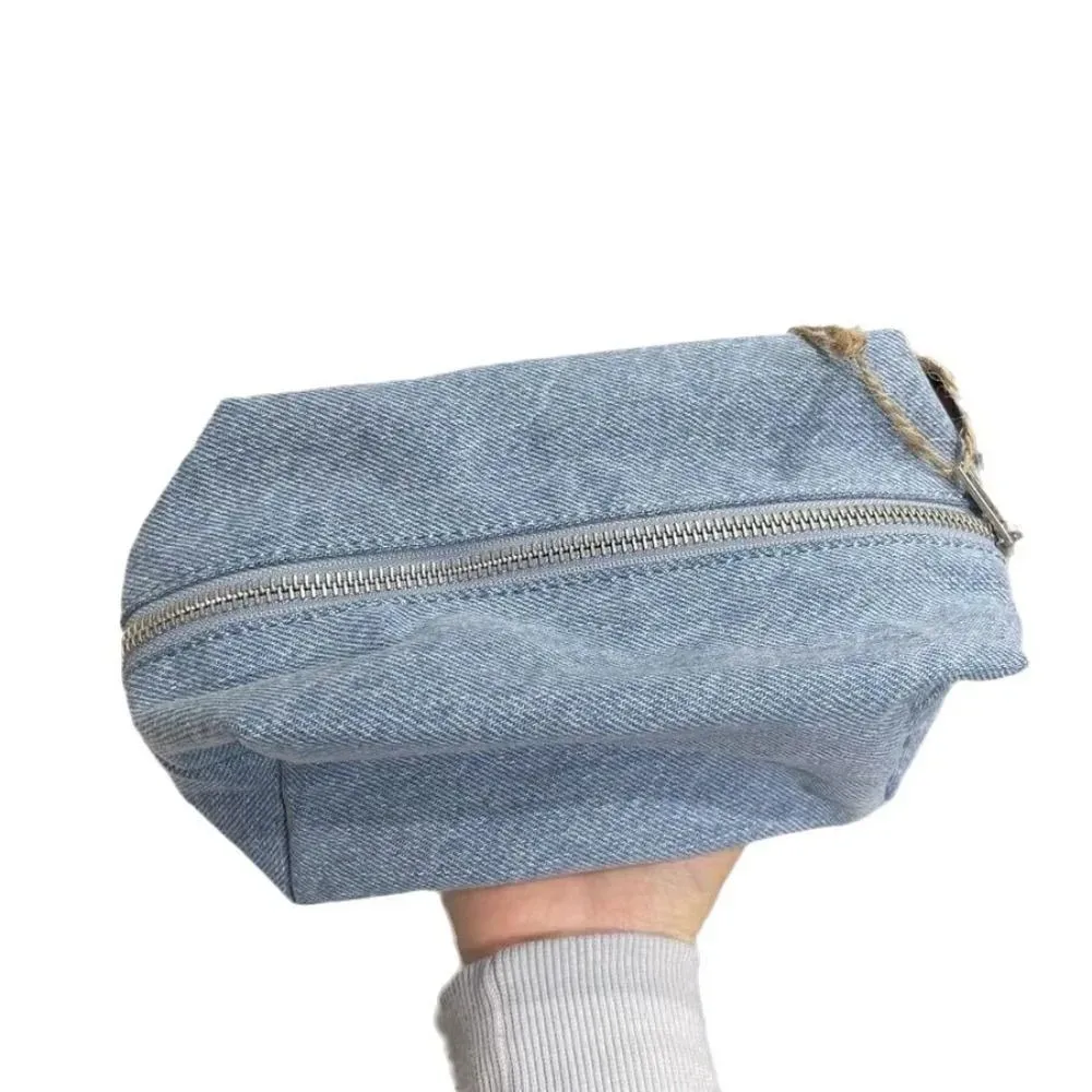 sac de maquillage en denim bleu de couleur unie, sacs à cosmétiques en jean à fermeture éclair de style coréen, organisateur de voyage vintage, sac de rangement de papeterie