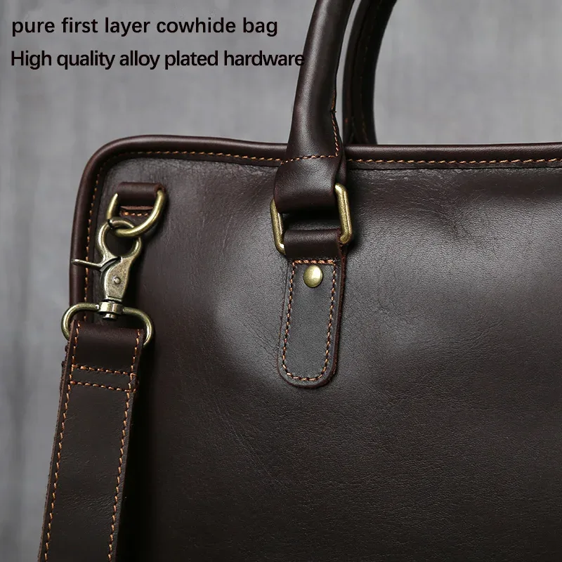 nzpj rétro hommes porte-documents en cuir pochette d'ordinateur couche supérieure en peau de vache sac à main décontracté 14 pouces sac à bandoulière d'affaires sac de messager