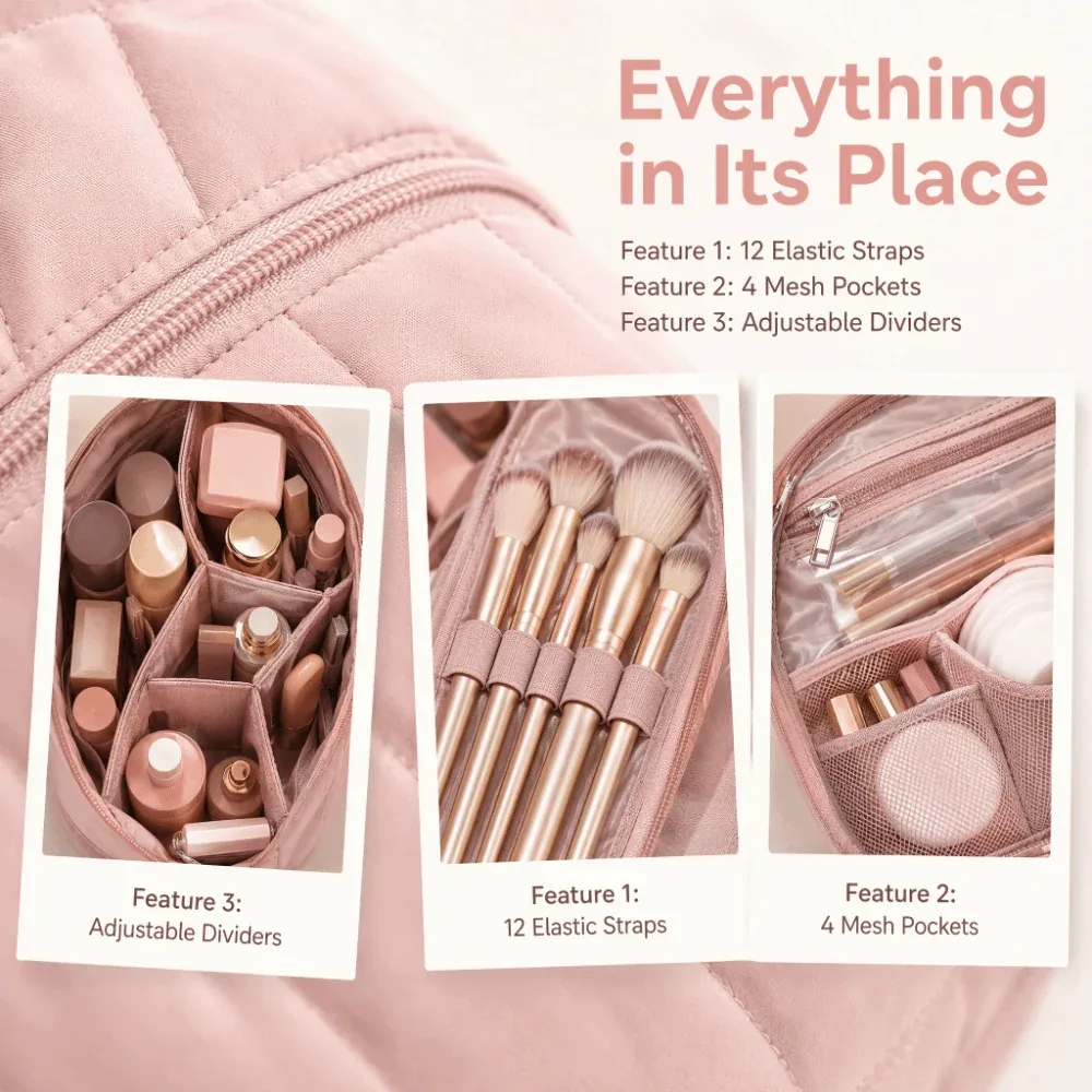 sac de maquillage de voyage pliable, multi-compartiments, séparateurs réglables, pochette de toilette, porte-pinceaux, fermeture à glissière, organisateur de maquillage