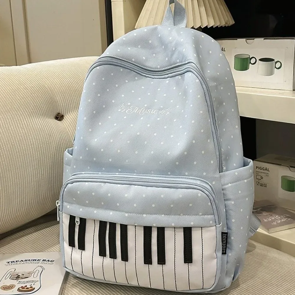 sac à dos en nylon à pois, color-block, mignon, grande capacité, style preppy, motif touches de piano, durable, pour l'école et les voyages