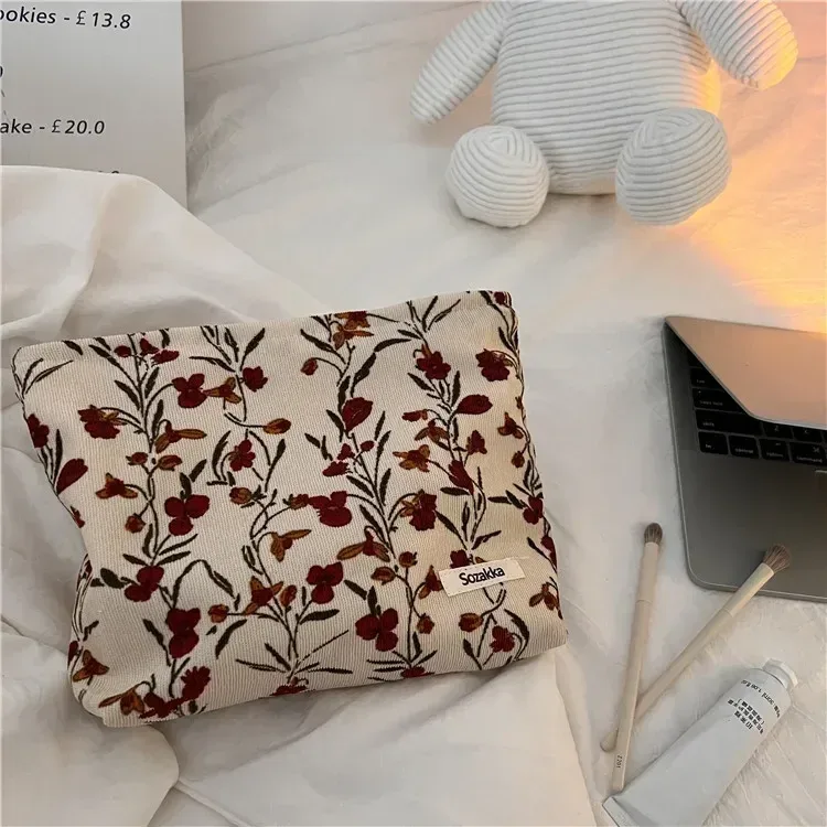 trousse de maquillage en velours côtelé pour femme, trousse cosmétique à imprimé floral rétro, étuis de rangement de beauté, poudres de maquillage de voyage