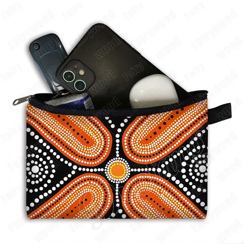 trousse de maquillage à imprimé points aborigènes australiens, sac de rangement pour rouge à lèvres et téléphone, pochette de toilette pour femme, motif culturel indigène
