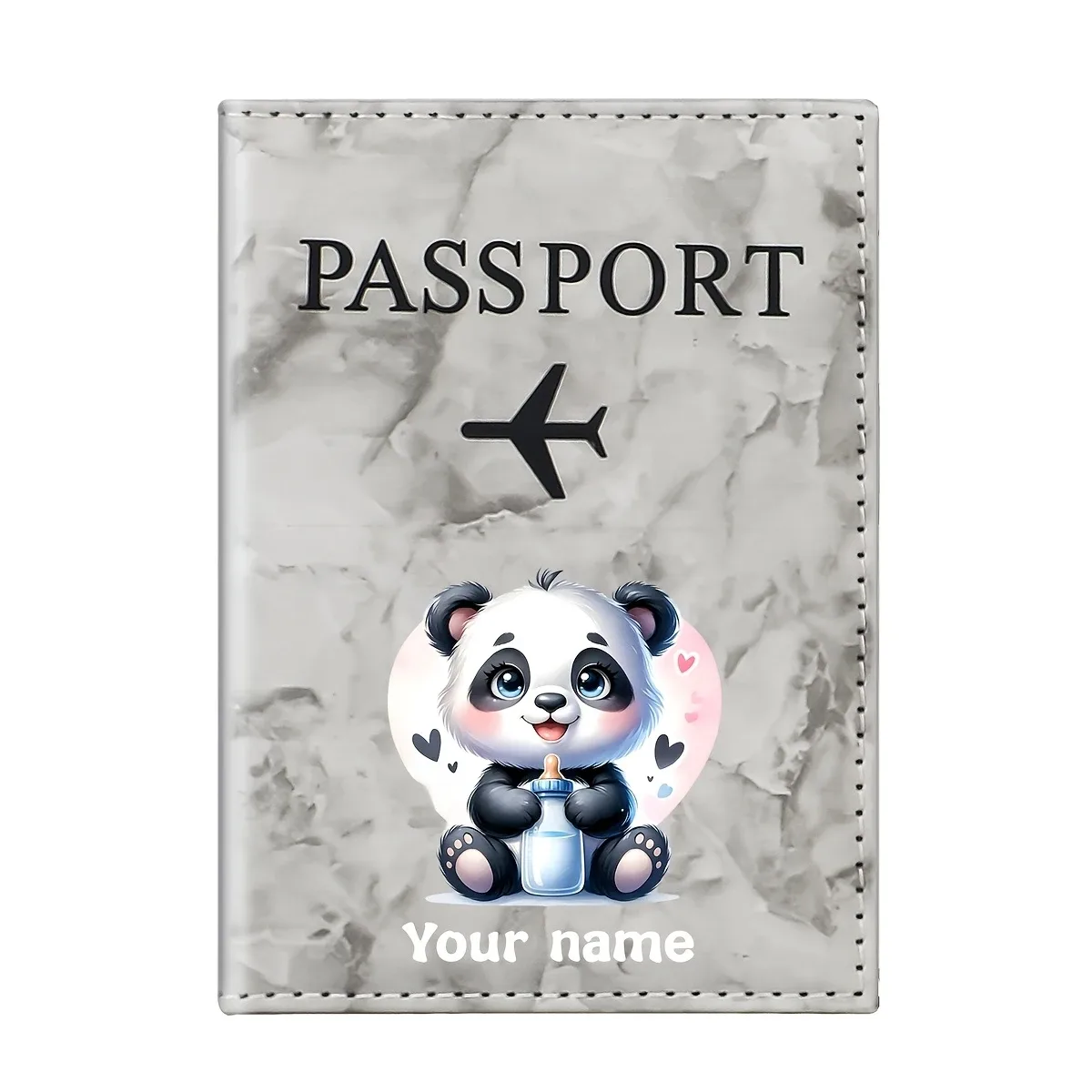porte-passeport personnalisé avec nom, design d'illustration de panda mignon, motif de panda adorables tenant un cœur
