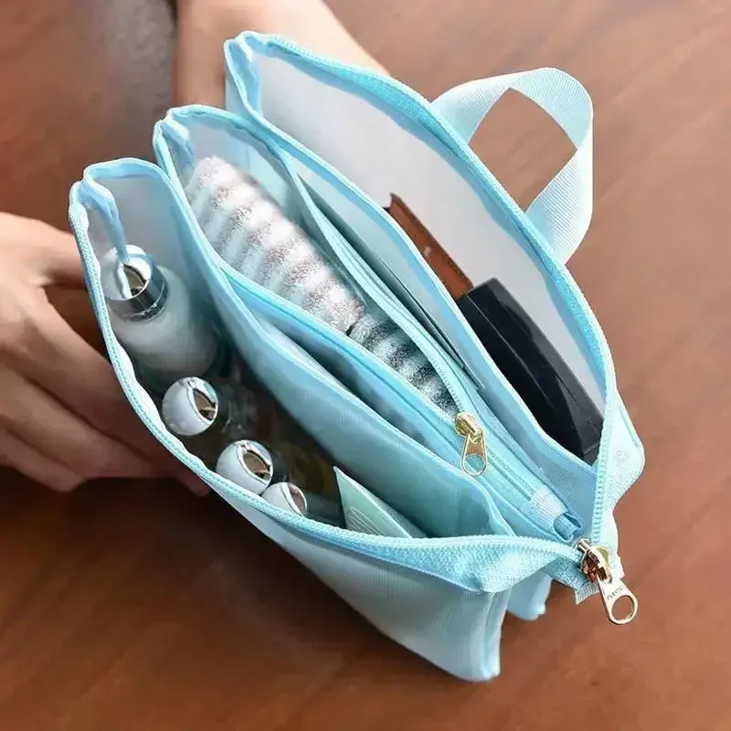 sac de rangement de lavage à glissière de voyage à trois couches, étui en maille, fourre-tout, sacs à cosmétiques, transparent, rouge à lèvres, toilette, trousse de maquillage