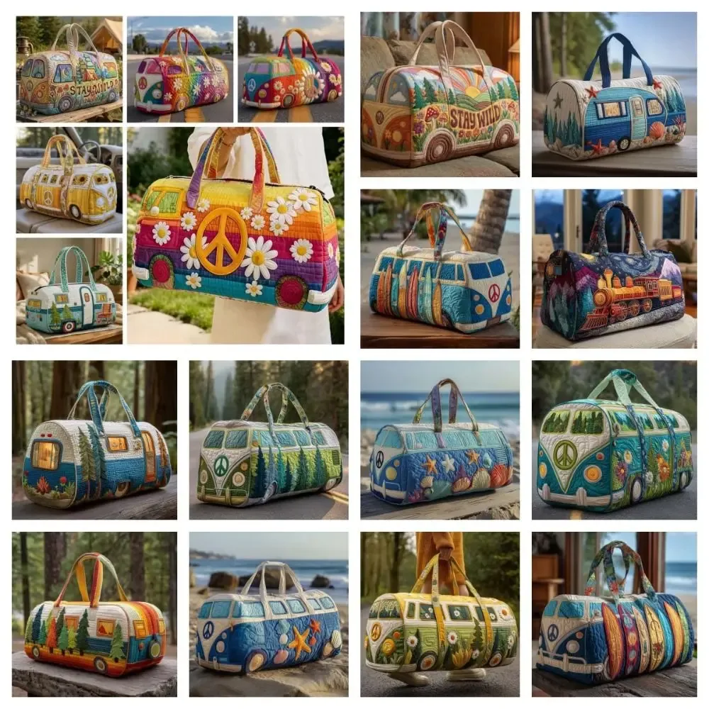 sac de voyage matelassé en éponge à grande capacité, imprimé bus, style rétro, forme de bus, fermeture éclair durable.