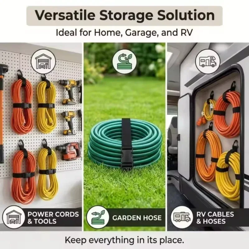 organisateur de rallonge réglable noir avec boucle à 3 axes - sangle de rangement robuste pour l'organisation d'atelier et de garage