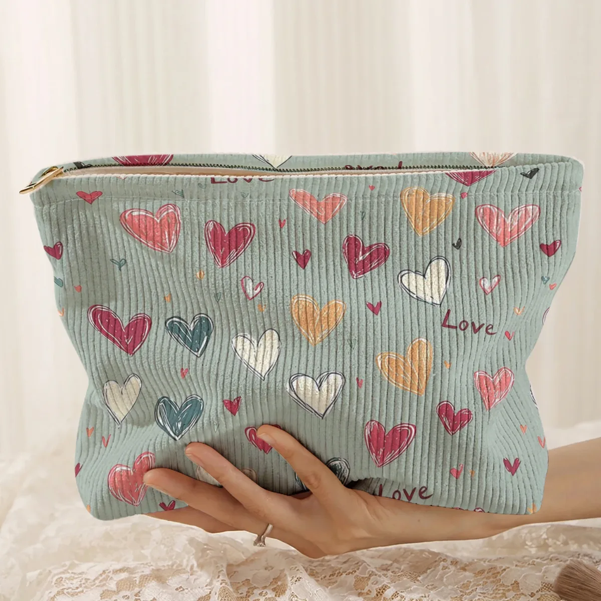 1 pièce, sac de rangement portable pour cosmétiques avec motif de cœur coloré, imprimé double face, sac de maquillage de voyage à fermeture éclair