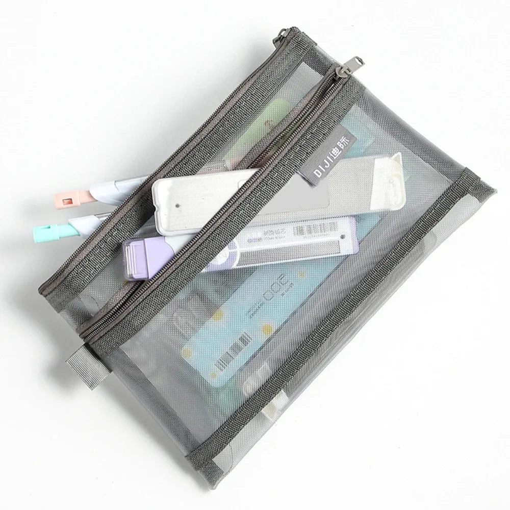 sac à crayons en maille de nylon transparent, grand étui à crayons, sac de papeterie à double couche, sac de rangement minimaliste pour examen étudiant, poudres de maquillage