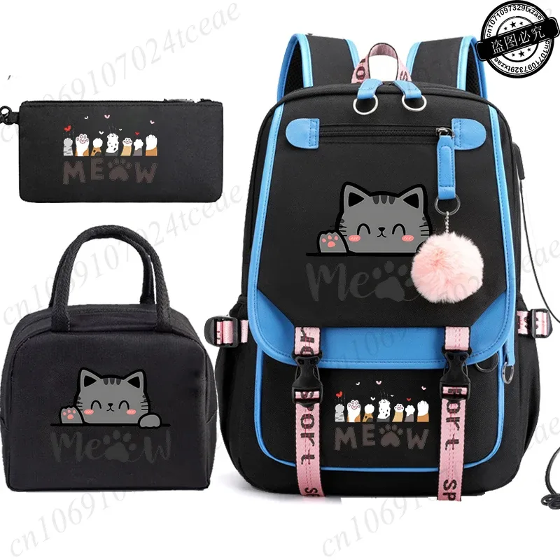 sac à dos scolaire pour adolescents, sac à dos quotidien pour étudiants, sac à dos pour filles, sac à dos scolaire à motif de chat noir, avec sac à lunch et trousse à crayons, 3 pièces/ensemble