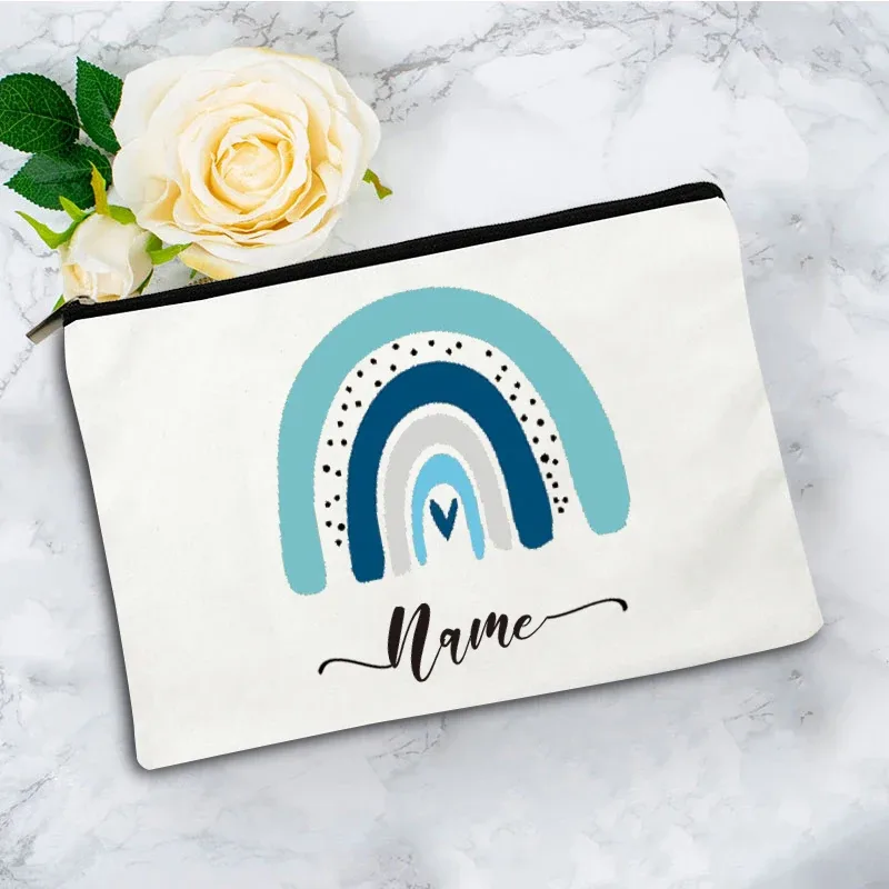 trousse de maquillage bohème arc-en-ciel personnalisée avec nom, trousse de toilette de voyage, cadeau d'anniversaire pour enseignant avec nom personnalisé