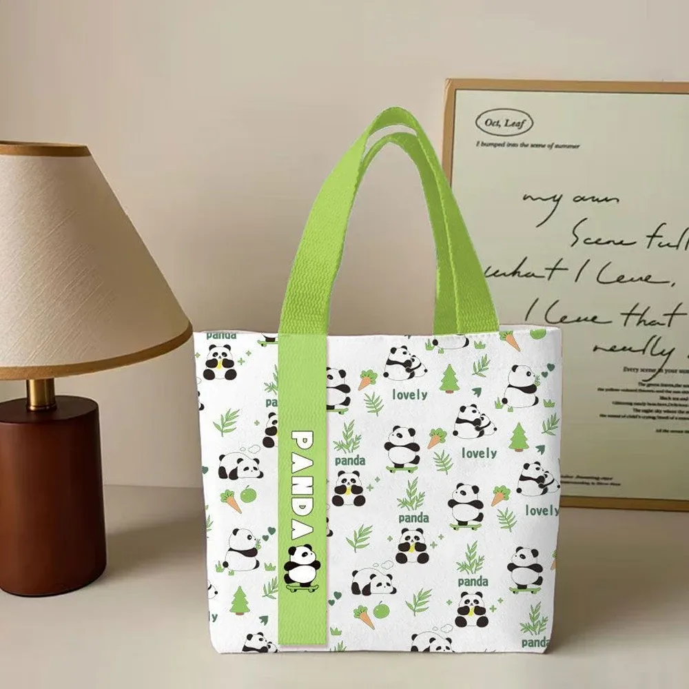 sac fourre-tout happy panda cartoon, sac en toile élégant et mignon, sac de transport polyvalent à épaule ouverte pour femmes